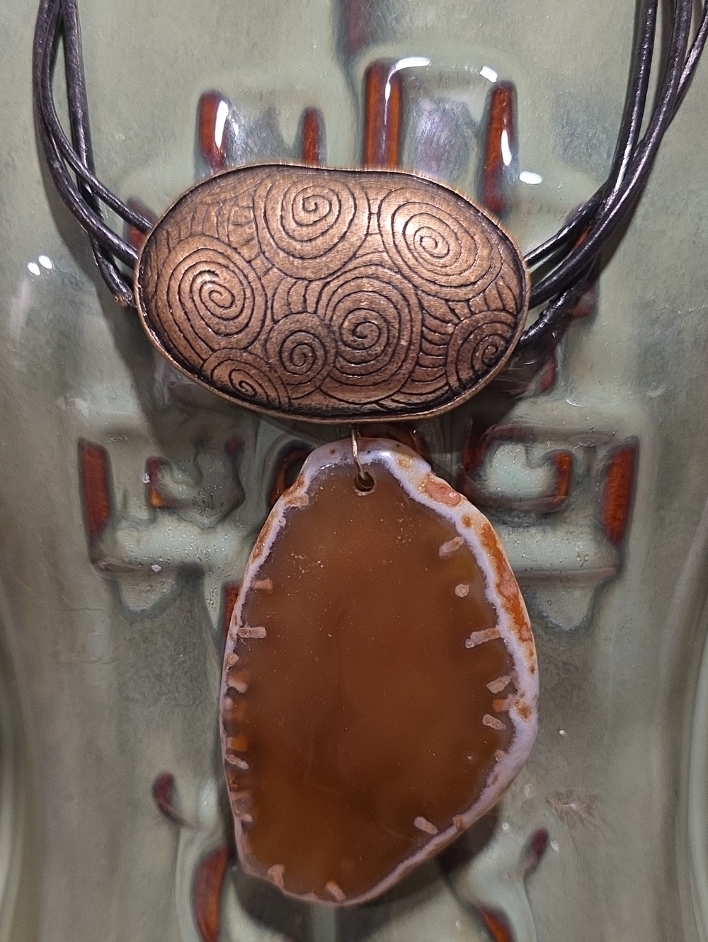 Brown Agate Pendant Necklace with Antique Copper Accent